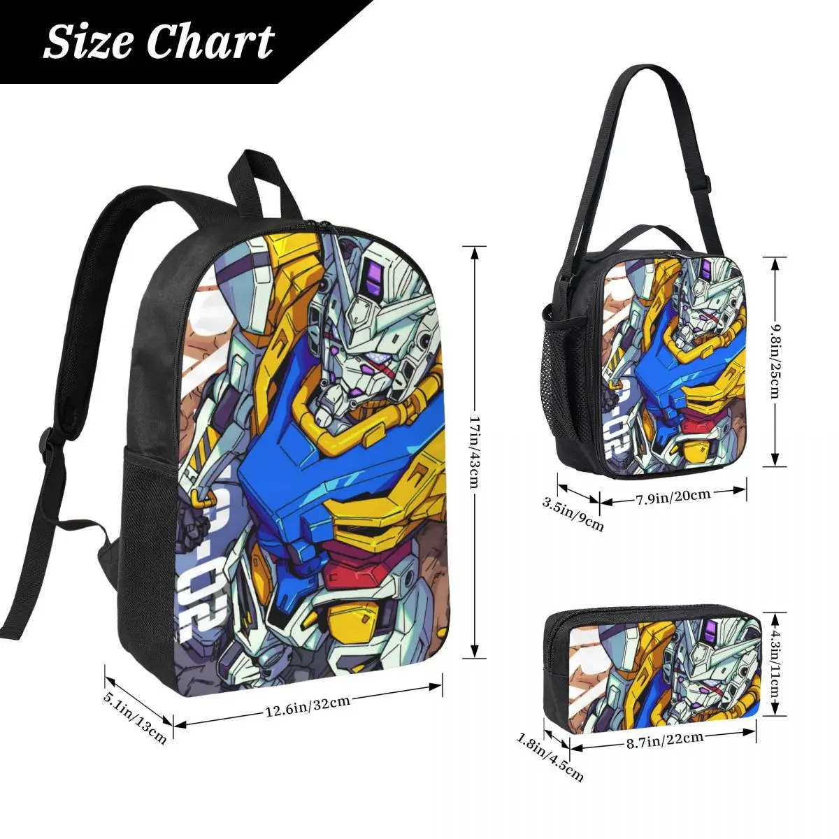3Pcs Mobile Suit Gundams Theme Backpack Set for Boy Girl Pencil Boxes Bookbag Sets with Lunch Box For School Students Daypack