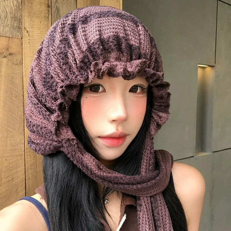Retro Coffee Striped Strap Pullover Hats for Women Summer Travel Casual Versatile Thin Breathable Niche Literary Beanies