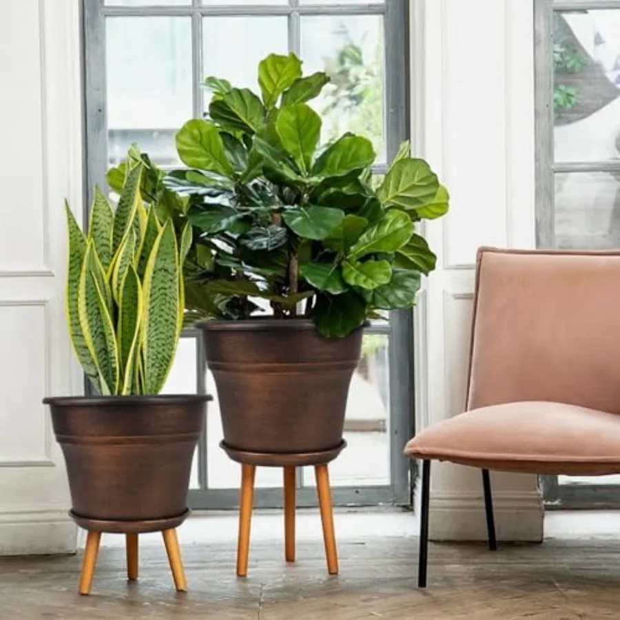 Indoor/outdoor planters set of 4, 16-inch plastic resin pots with drainage holes and copper-toned finish, includes matching sau