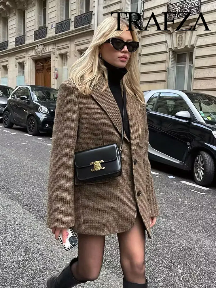 TRAFZA ผู้หญิงฤดูใบไม้ร่วงแฟชั่น Retro Houndstooth รูปแบบ Slim Blazer Chic V คอกระเป๋าตกแต่งผู้หญิงเดินทาง Blazer