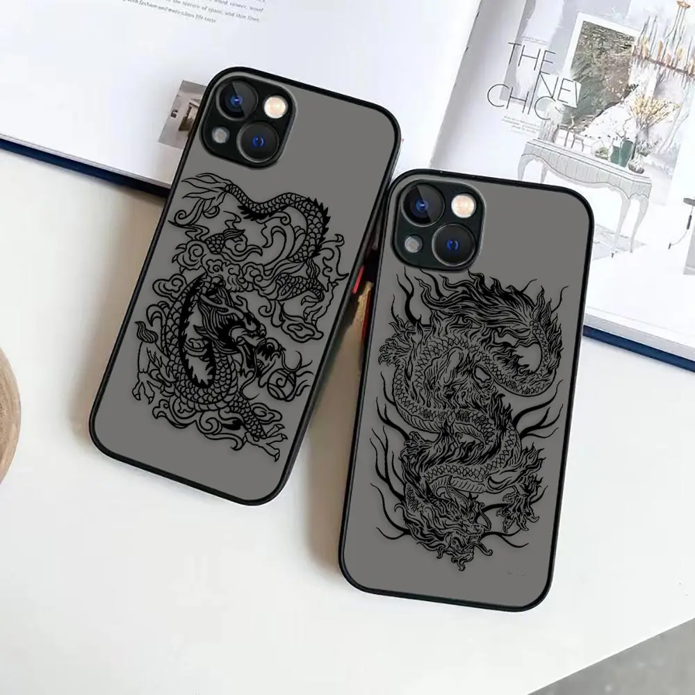 Matte Phone Case for iPhone 14 13 11 12 MINI Pro XS Max XR X 7 8 SE 2022 2020 6 6S Plus Case Funda Line Drawing Chinese Dragon