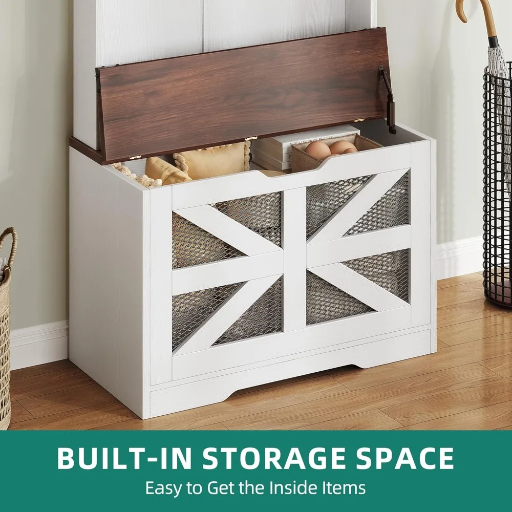 رفوف المعاطف مع مقاعد البدلاء ورف الأحذية، منظم تخزين الأحذية الكبير مع خطافات المعطف، باب الحظيرة المنزلق للدرج، أرفف قابلة للتعديل