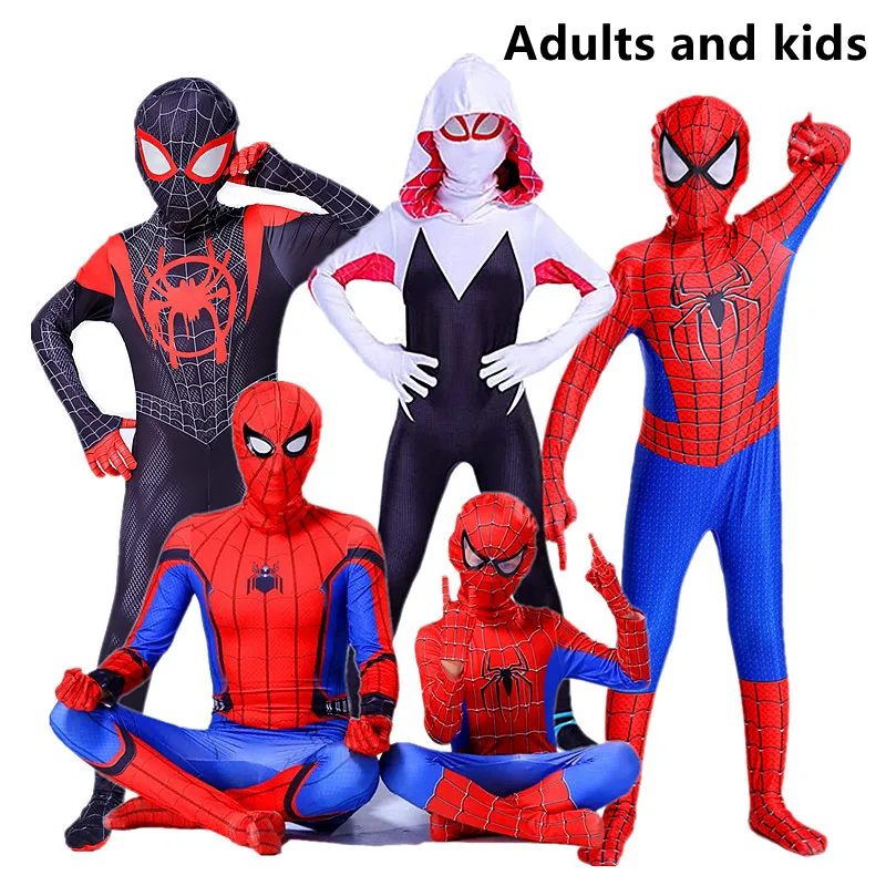 Adults and kids Steel Spider Tights Superhero Costume Peter Parker Jumpsuit Halloween Cosplay Boys and Girls Mask Costumes