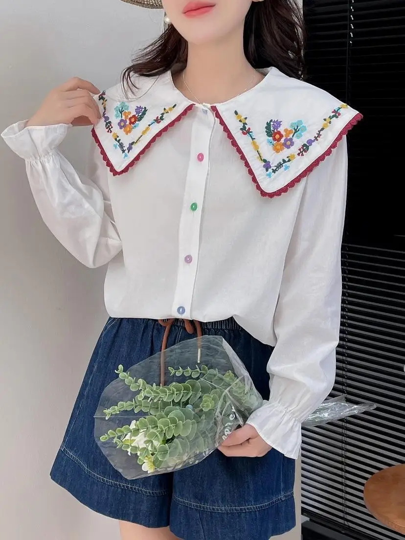 New Summer Cotton Loose Shirt Women Peter Pan Collar Long Sleeve Tops Girl Floral Embroidery Sweet Blouses 2024 Spring T43207QM