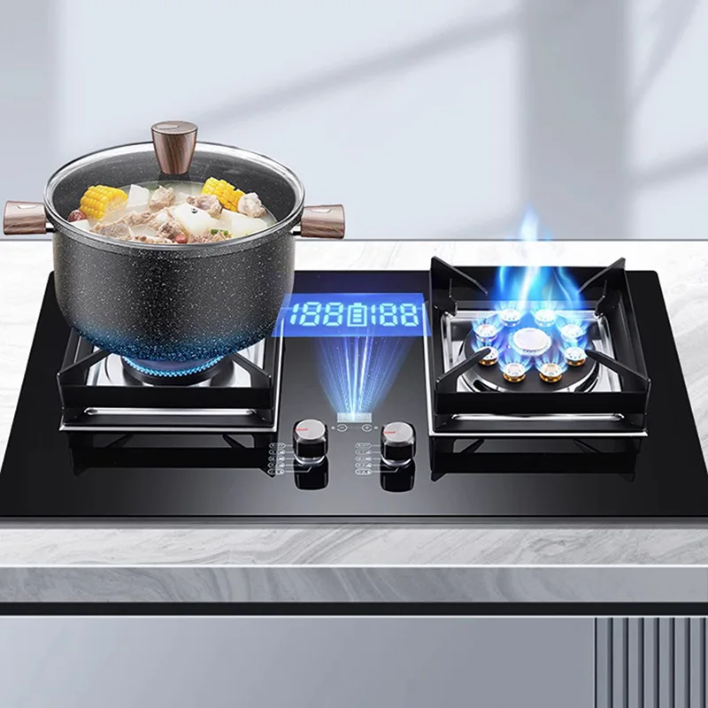 موقد غاز زجاجي عالي الطاقة بقدرة 5.2 كيلو وات للاستخدام المنزلي المدمج مع مؤقت إيقاف تلقائي قفل أمان للأطفال شعلات مزدوجة المنطقة