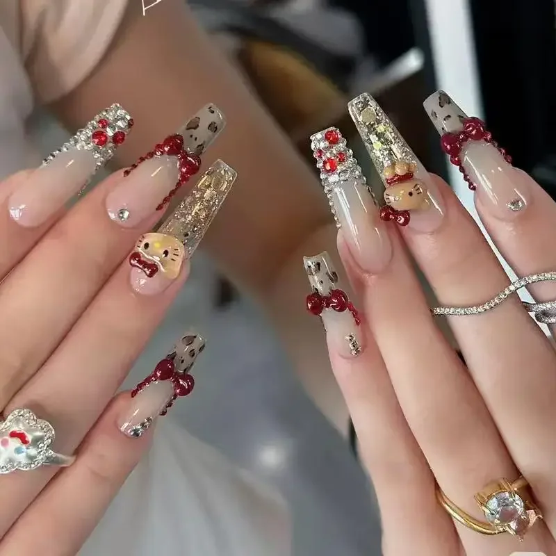 20Pcs Cartoon Nail Jewelry with Red Swim Ring KT Cat Red Katie Cat Nail Accessory Set