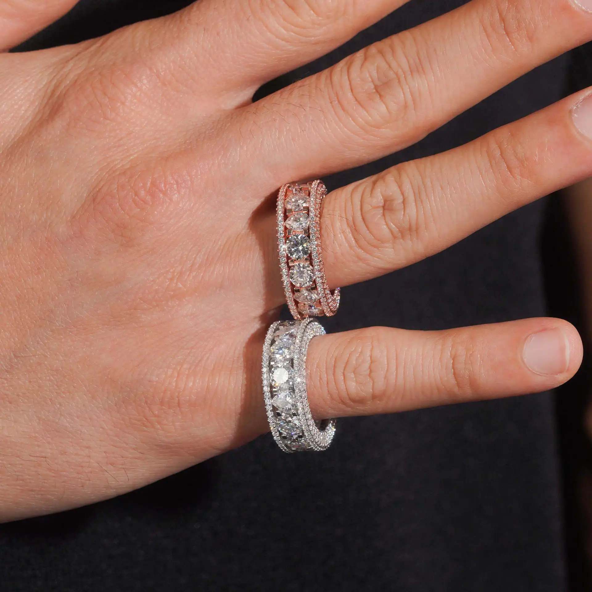 Iced Out Moissanite Eternity Ring 925 Sterling Silver Full Pave Diamond Band Two Tone Rose Gold Silver Men Hip Hop Rapper Bling Jewelry