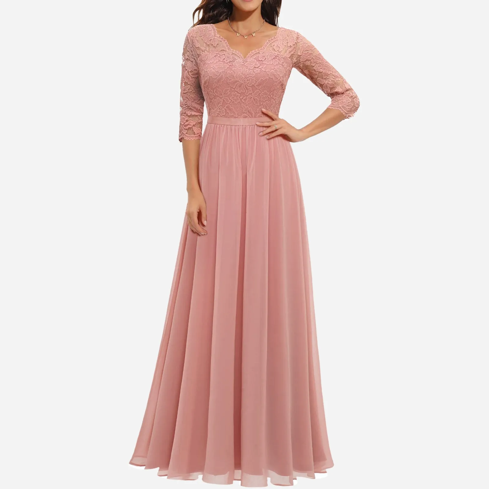 Abito lungo da donna abito da sera da sposa Vintage elegante in pizzo tinta unita con scollo a v a mezza manica con cerniera posteriore senza schienale abito femminile