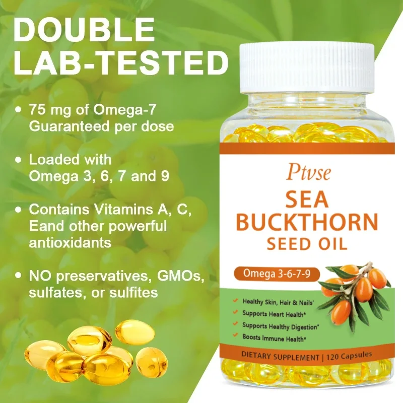 Organic Omega-7 Sea Buckthorn Seed Oil Capsule for Heart, Immune Support, and Intestinal Health, Healthy Skin, Hair and Nails