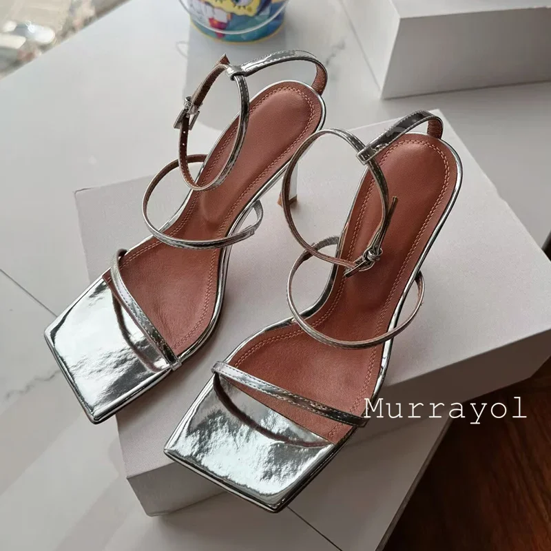 여성용 스퀘어 토 얇은 힐 샌들, 원 스트랩, 정품 가죽, 섹시 샌들, 여름 파티 원피스 슈즈, 웨딩 슈즈 펌프스, 신상