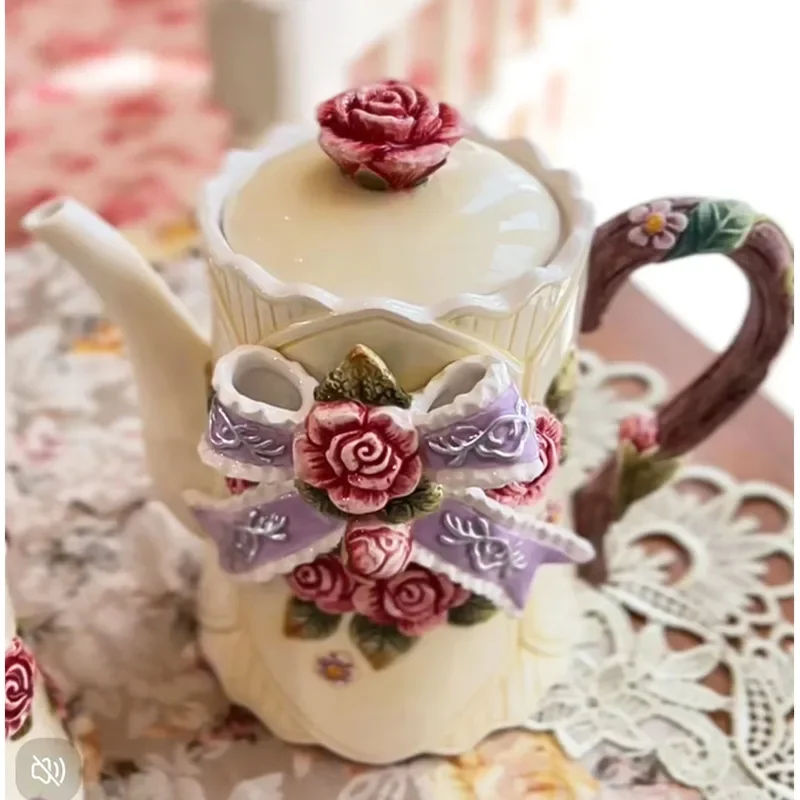 European Ceramic Latte Pot Underglaze Painted Coffee Cup Relief Rose Tea Kettle Exquisite Beautiful Afternoon Tea Set