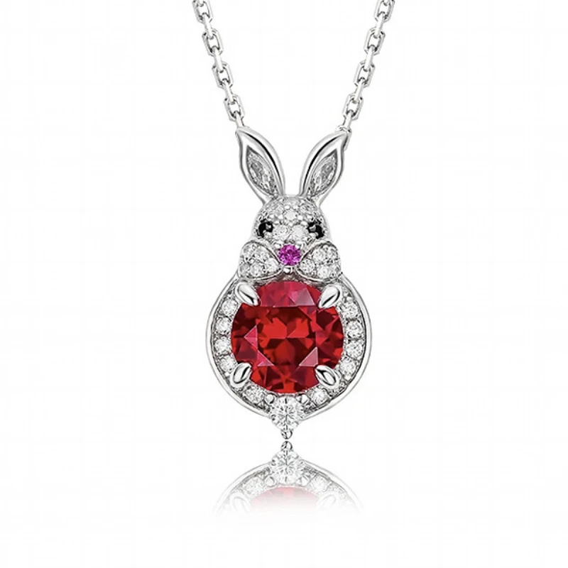 

GXGlint 925 Sterling Silver 8*8mm Pigeon Blood Red Gems High-Carbon Diamond Bunny Pendant Silver 925 Jewelry for Girl