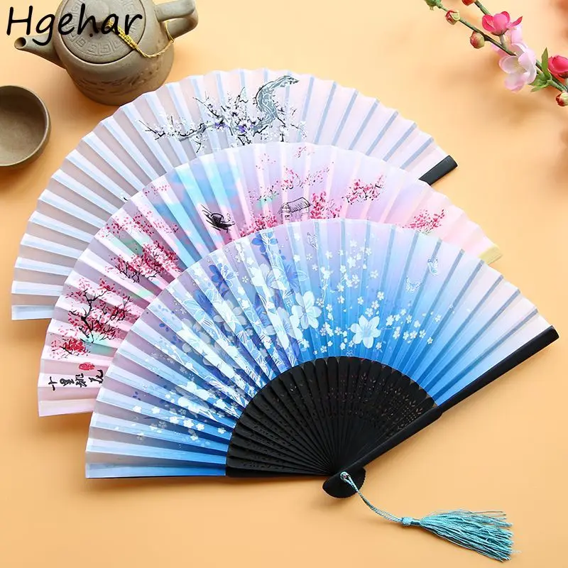 Chinese Folding Fans Decorative Tassel Bamboo Shank Floral Versatile Hanfu Accessories Hand Fan Home Decoration Classical Newly