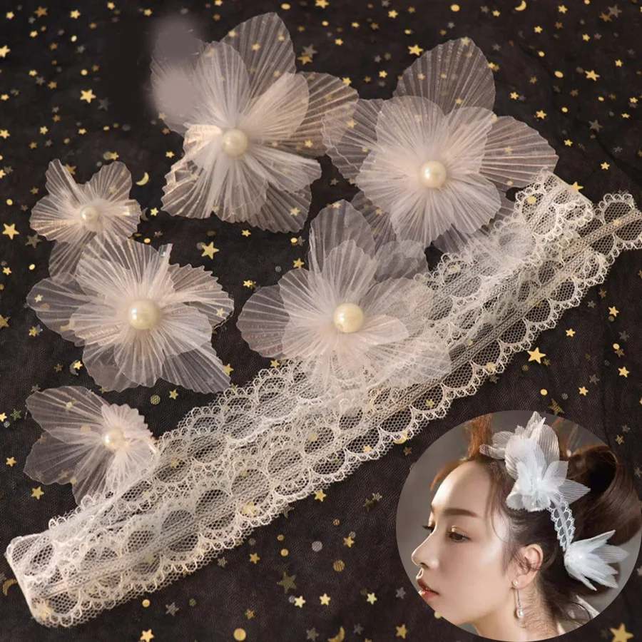 Korean White Lace Ribbon Flower Headband Tiaras Women Hair Jewelry Head Bands Headpiece Wedding Hair Accessories For Bride