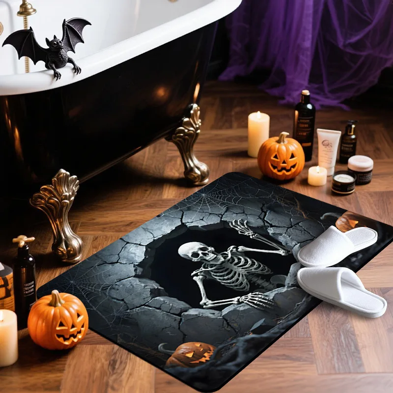 Halloween Bats Skeleton 3D Hole Floor Doormat Spooky Haunted House Home Decor Carpet