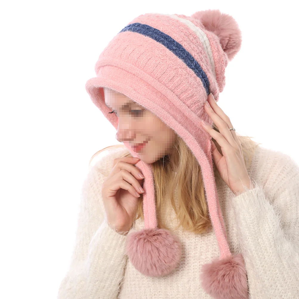 

Women'S Knitted Hat With Three Hair Balls Warm Winter Headgear Lightweight Ski Cap For Outdoor Snowboarding Hiking Pink