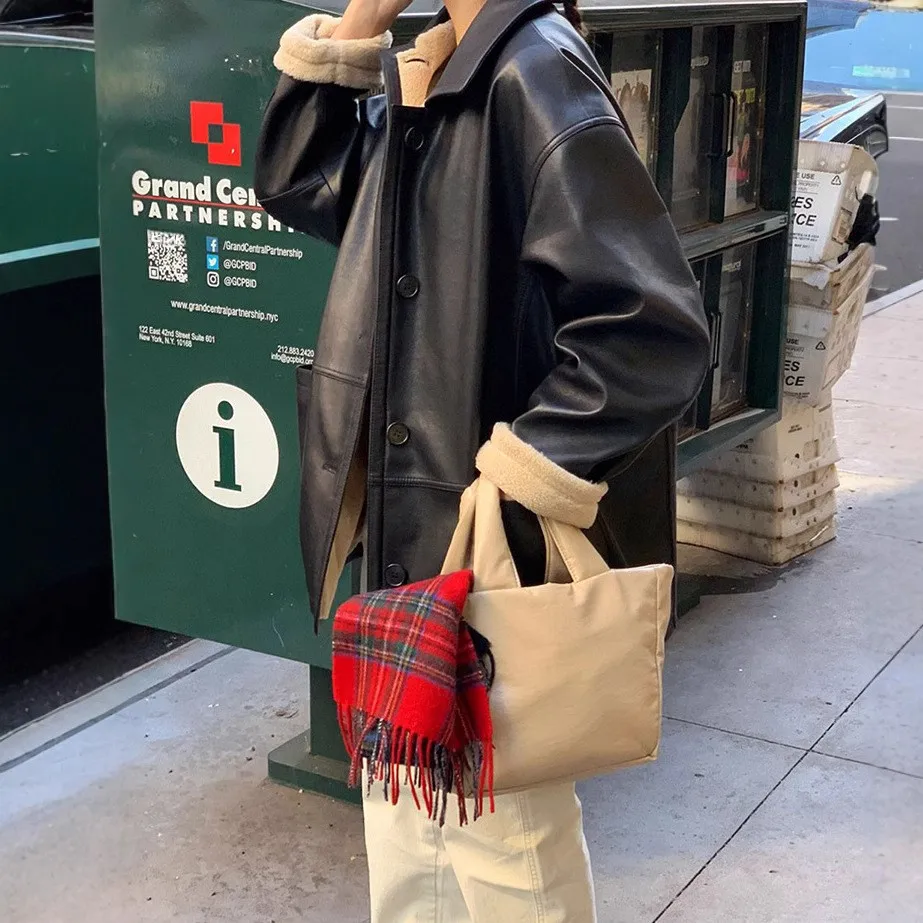 ByMood Spring 2024 Dongda Gate Pure Color Straight Cut Versatile Mid-Length Lamb Fur Leather Jacket Elegant Commute Style