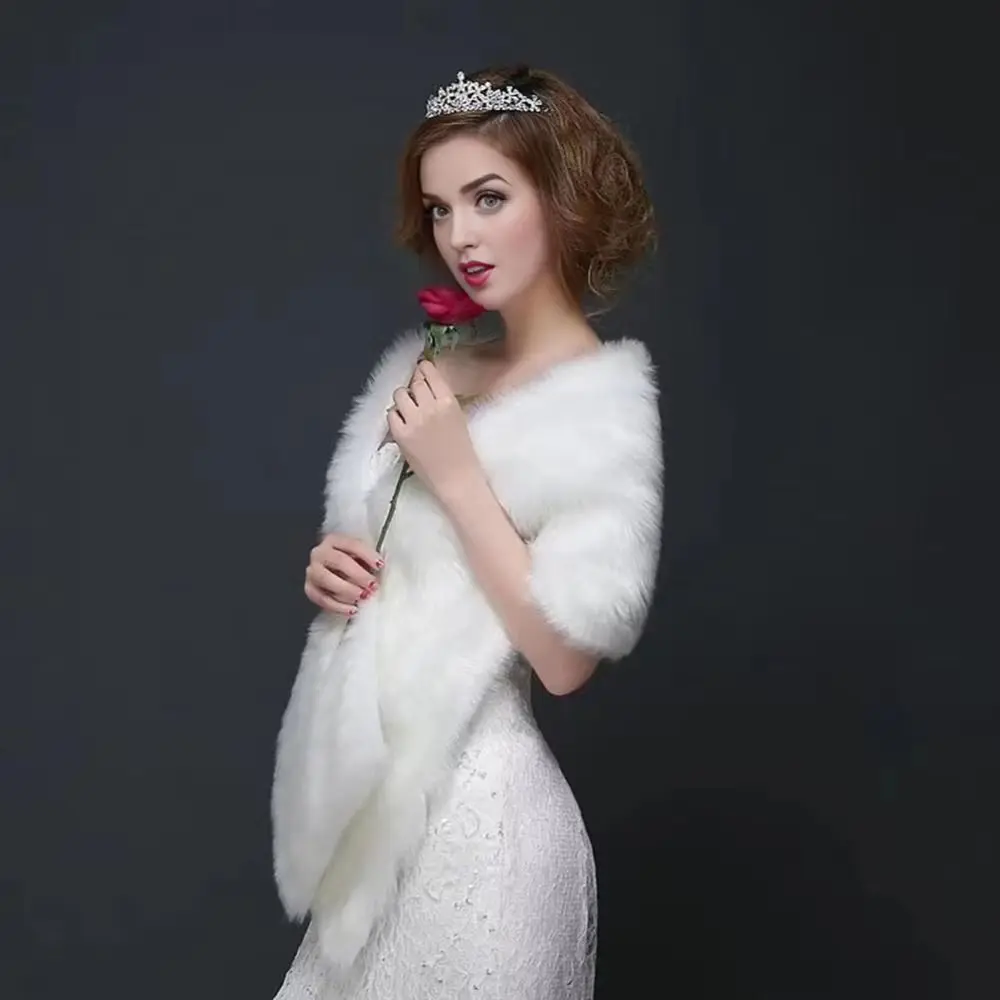يندبروف سميكة ثوب الزفاف شال دافئ الأبيض الفراء الزفاف التفاف رقيق الفراء طويل فو الفراء التفاف ملابس الزفاف