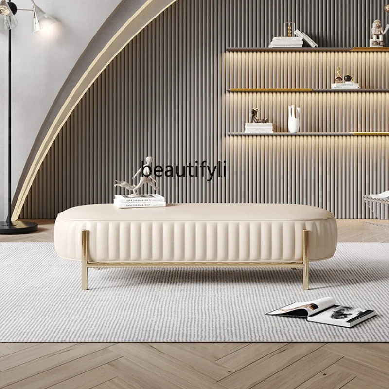 

new Italian Genuine Leather Light Luxury Bed End Stool Simple Shoe Changing Stool Bedroom Sofa Stool Long Side Stoolss 03