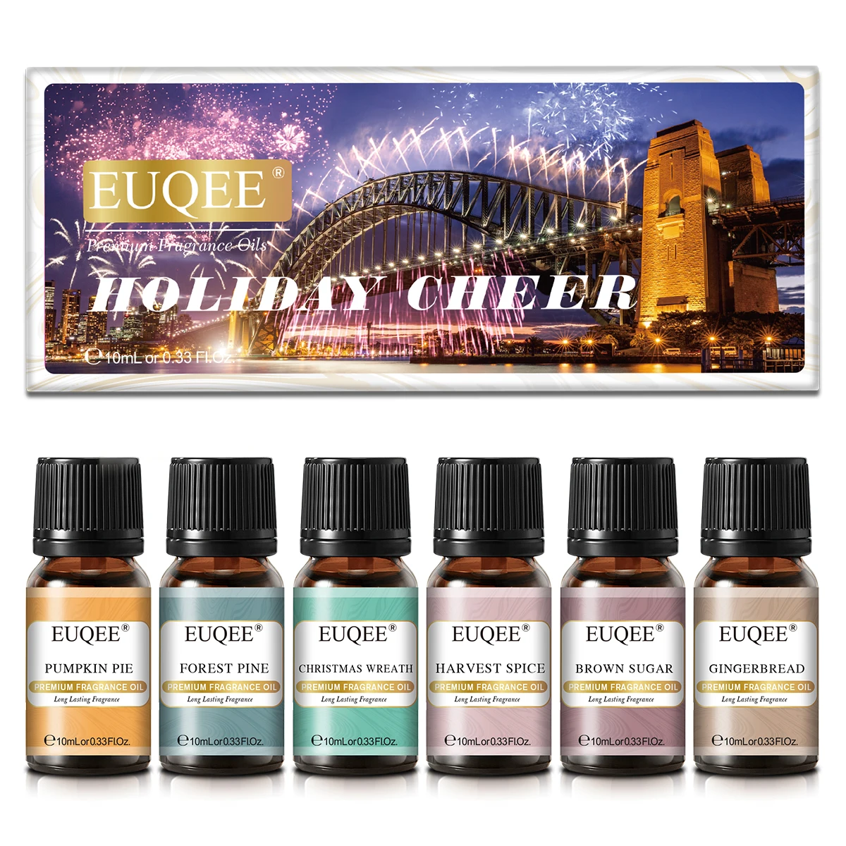 EUQEE Ensemble de 6 Huiles Parfumées - 10ml : Tarte à la Citrouille, Pin de Forêt, Couronne de Noël, Épices de la Récolte, Sucre Roux, Arômes de Pain d'Épices