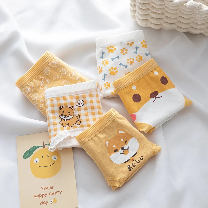 Cute Cartoon Yellow Puppy Printing Women\'s Underwear Plaid Pure Cotton Breathable Lolita Mid Waist Lovely Briefs Wholesale