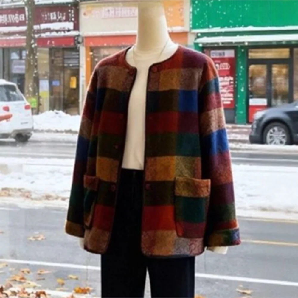 Padded jacket autumn and winter with Korean retro niche color plaid warm woolen coat British style   harajuku