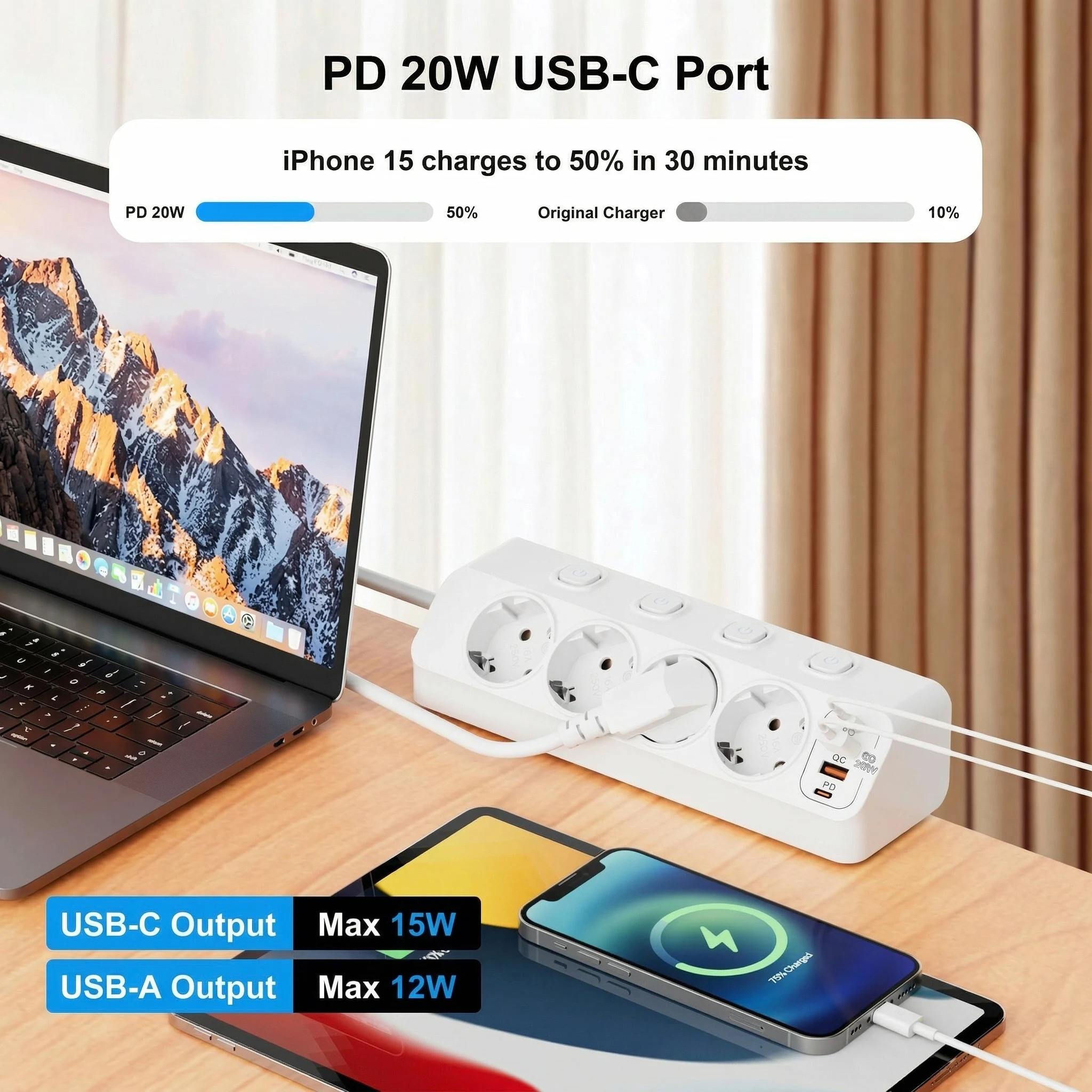 4000W EU Plug Power Strip, Independent Switch,2M Extension Cord,PD20W,3USB-A+3USB-C Ports for Bedroom,Office,Living Room,Dorm