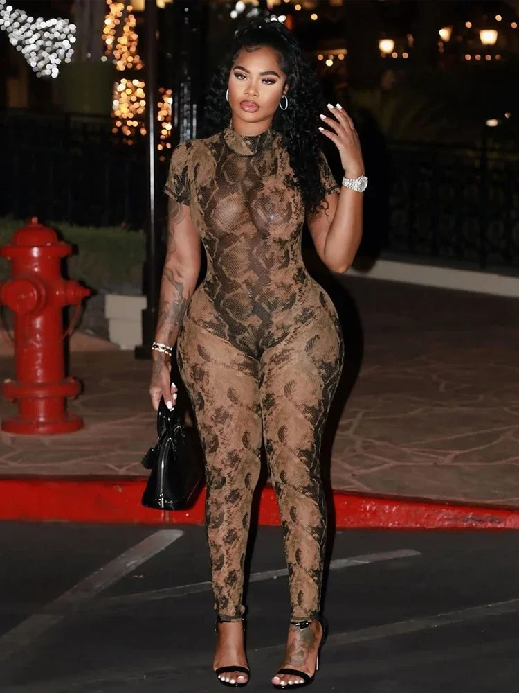 

Serpentine Jumpsuit Women See Through Backless Short Sleeve Sexy Fit Summer Workout Overalls Stretch Button Clubwear