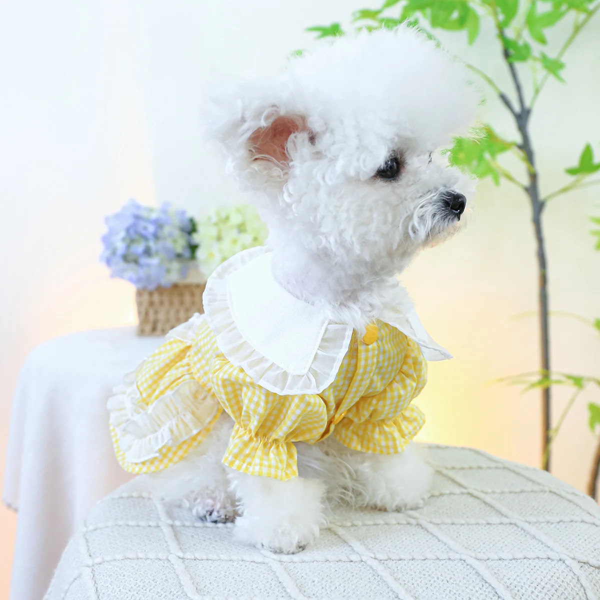 1PC Pet Clothing Cat Spring/Summer Breathable Yellow Plaid Countryside Style Princess Dress Suitable for Small and Medium Dogs