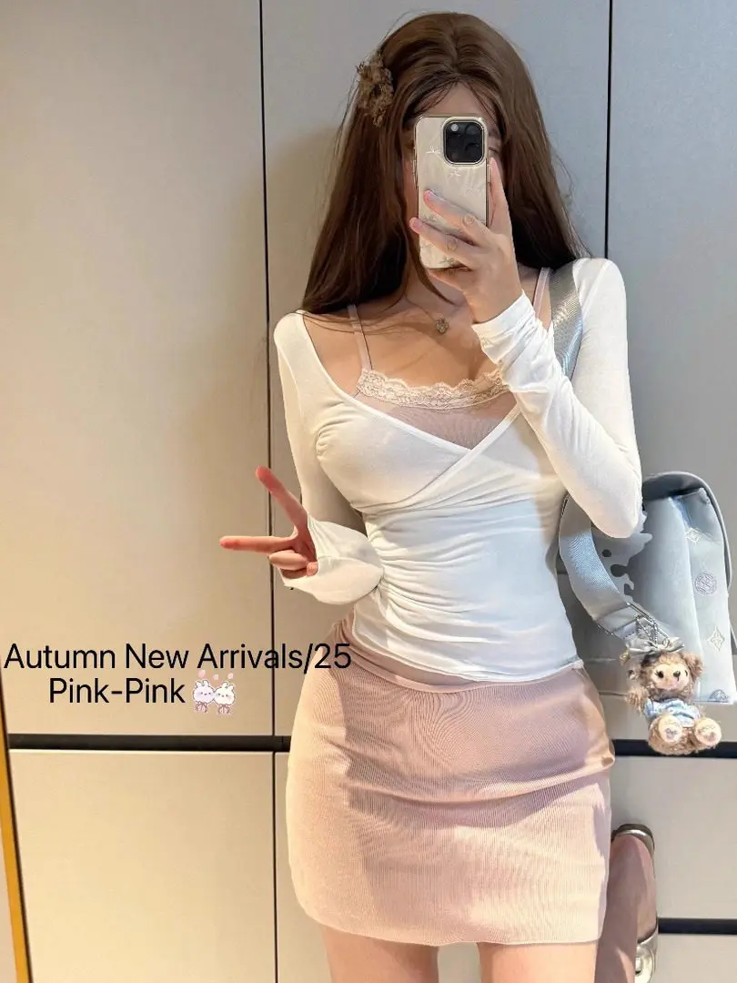 

Pink Lace Splice Long Sleeve T-Shirt Women's Spring Pure Desire Set with Bodycon Skirt Two-Piece Suit Casual Fashion