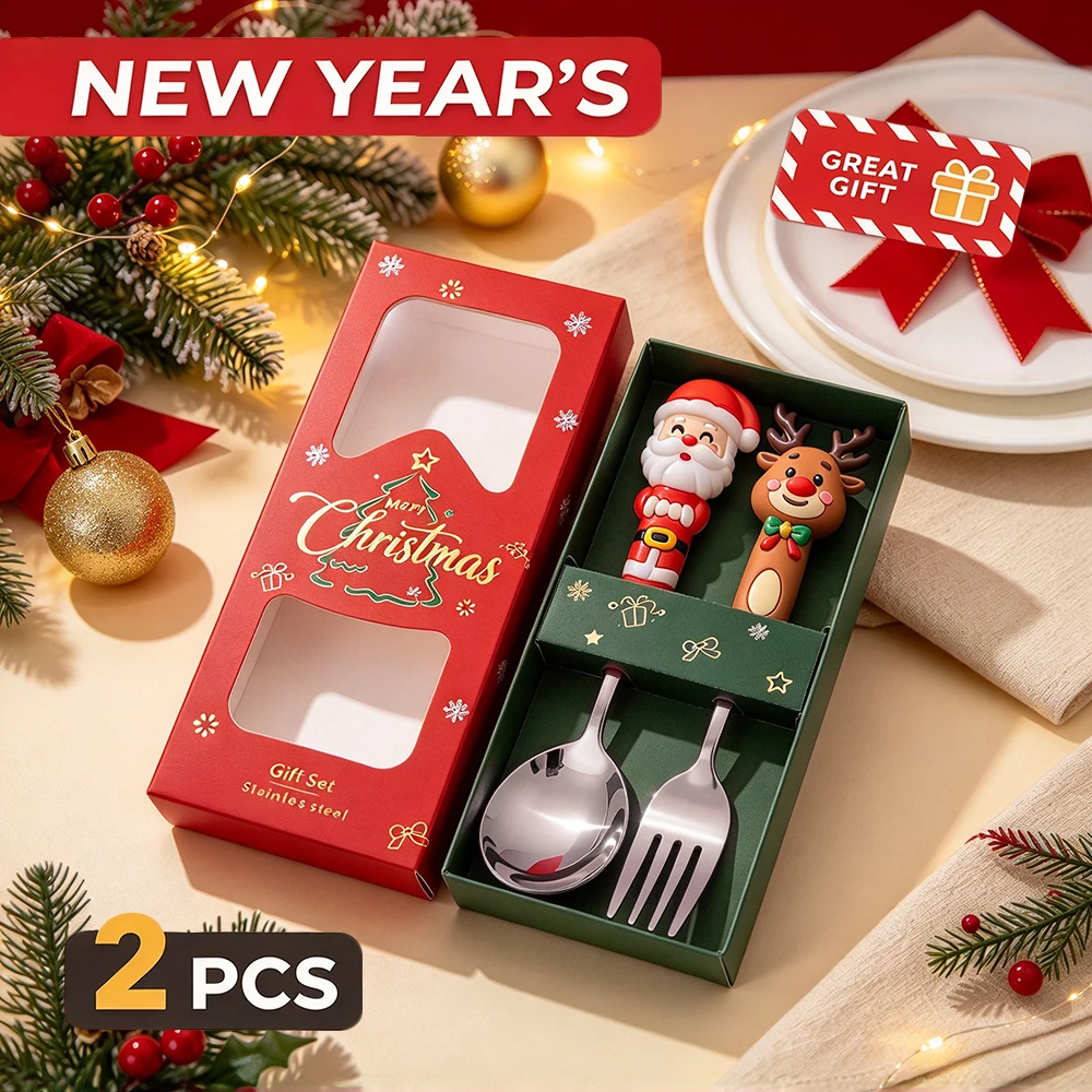 2Pcs Silver Stainless Steel Coffee Spoon Creative Christmas Dessert Spoon Cake Fork Cartoon Elk Spoon Fork Gift Box