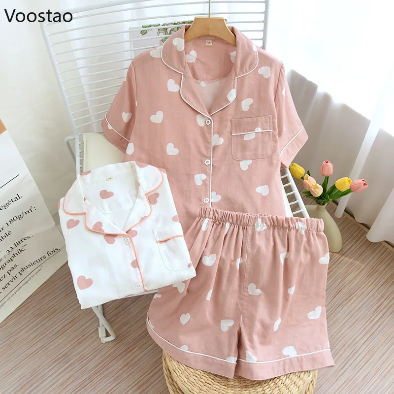 Summer Women Cute Pajamas 2 Piece Set 100% Cotton Short Sleeve Heart Print Pajamas Homewear Ladies Pajamas Suit Women Sleepwear