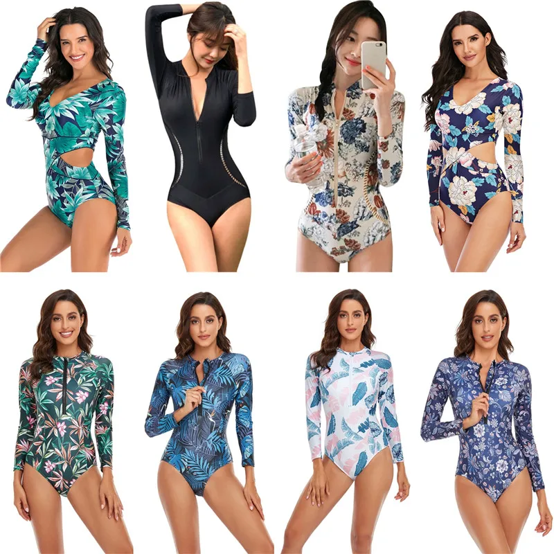 

Women Zipper Swimwear One Piece Bathing Suits Long Sleeves Rash Guard Swimsuit