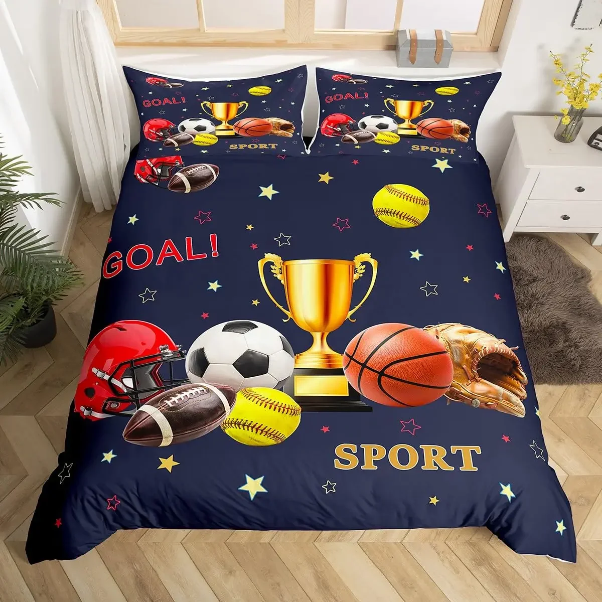Trophy Duvet Cover Twin Queen Boys Ball Sports Theme Bedding Set Modern Competition Comforter Cover for Teens Men Bedroom Decor