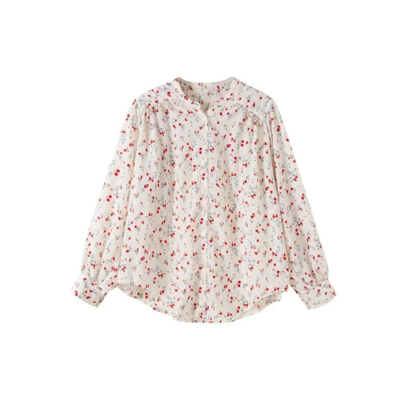 Floral Chiffon Shirt Tops Spring Autumn New Long Sleeve Polo Neck Printing Loose Youth Blouse Fashion Sweet Cute Women Clothing