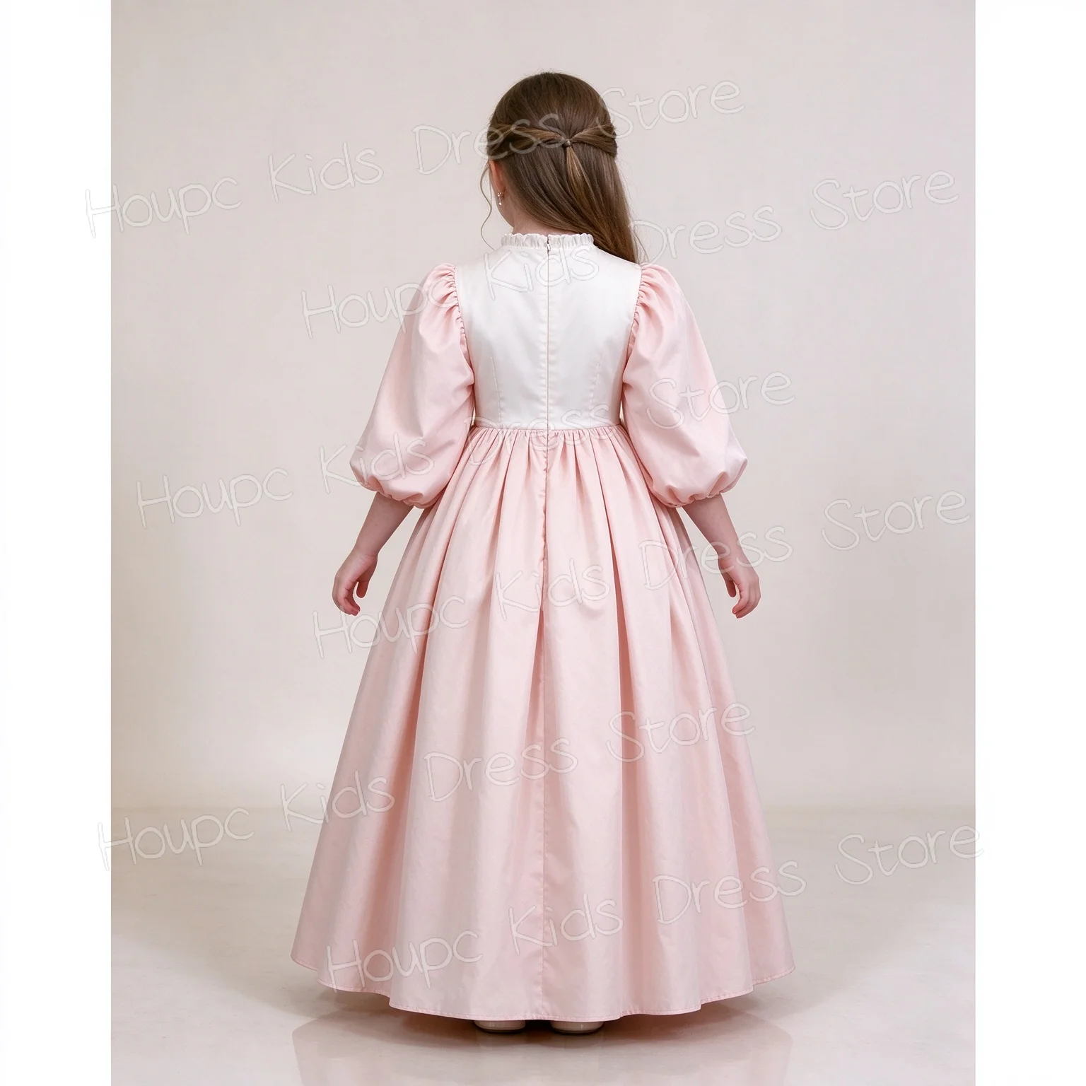 Girls' Pink Satin Flower Girl Dress with White Ruffled Collar Children's Bride Puff Sleeves High Waist Full Skirt Long Gown