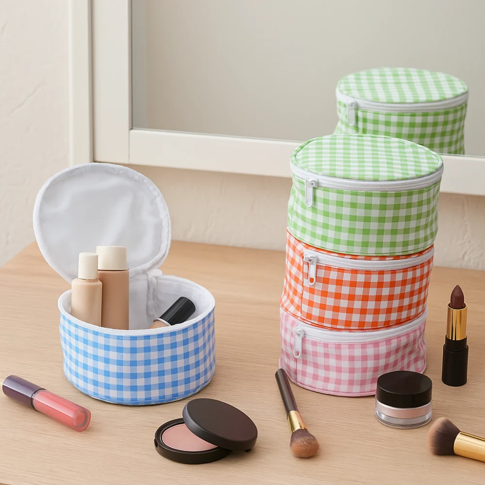 Plaid Makeup Bag Large Capacity Round Checkered Cosmetic Travel Jewelry Box Multi-pocket Storage Bag For Women