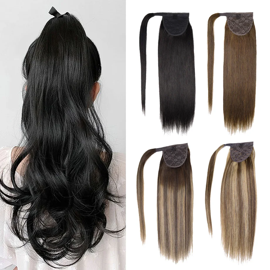 Human Hair Ponytail Extensions Magic Paste Invisible Ponytails 14-22‘’Wrap Around Soft Straight Ponytail Extensions With Clip in