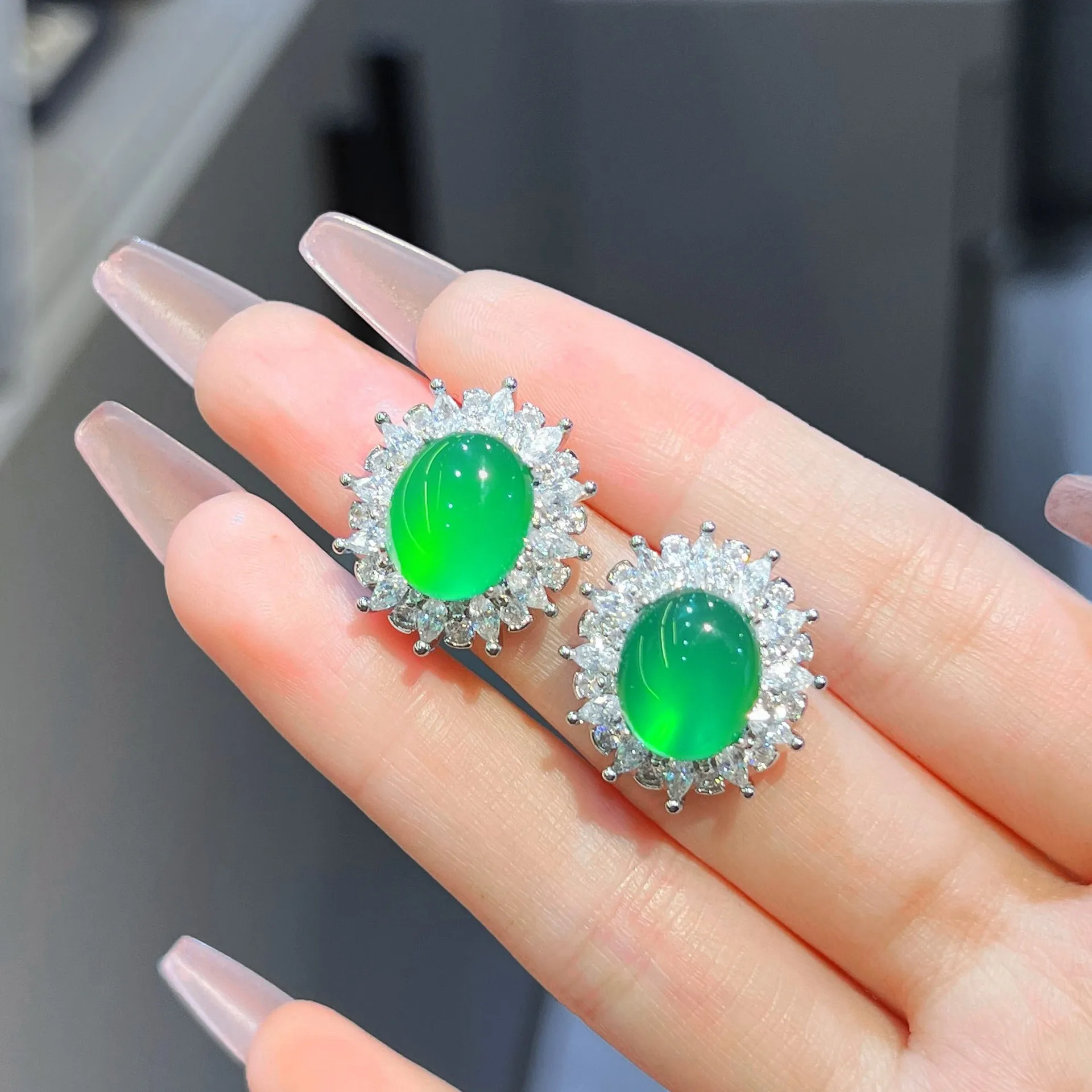 Foydjew Luxury Brazil Large Oval Simulation Green Chalcedony Stud Earrings For Women Fashion Silver Color Earring Accessories