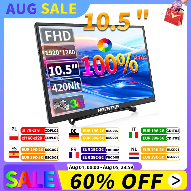 

HGFRTEE 10.5 inch Portable Monitor 420Cd/m ² FHD 1280P 100% SRGB Laptop Second Screen For Mac Xbox PS4/5 Switch