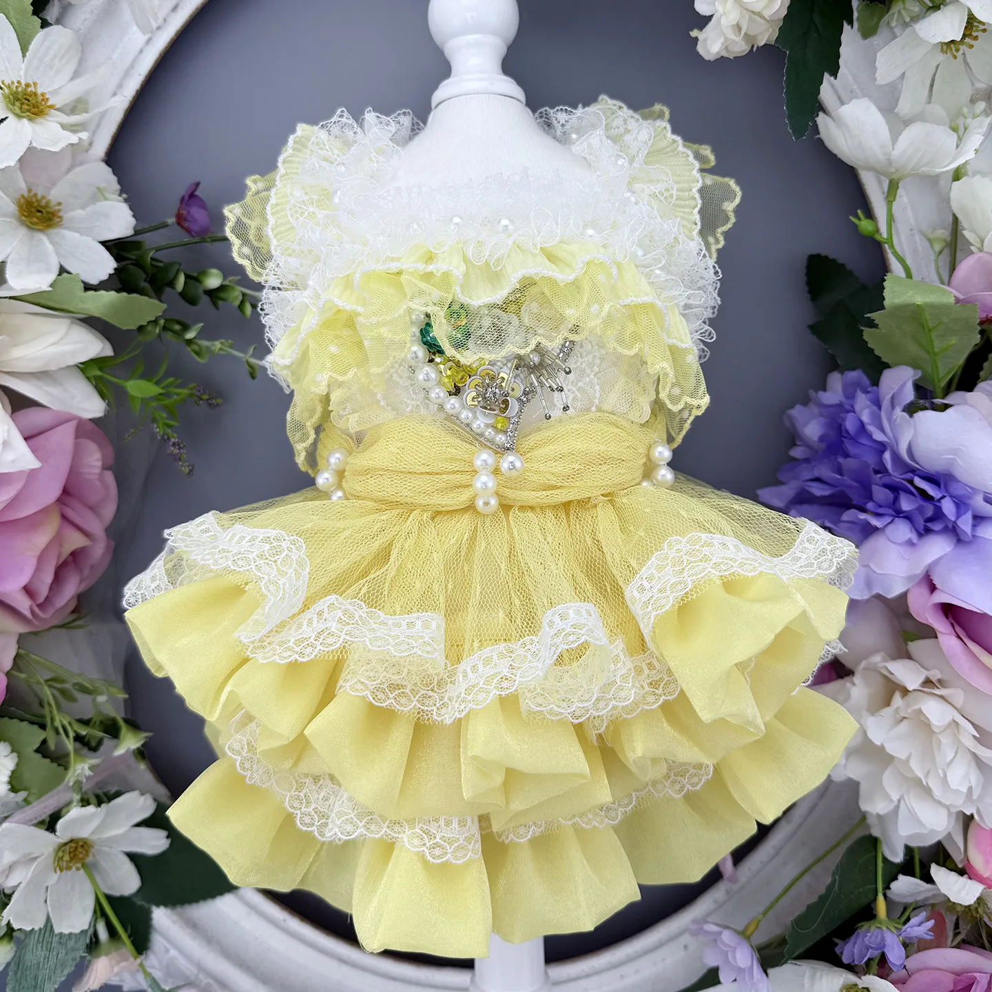 Luxury Yellow Lace Princess Dress for Small to Medium Dogs Handmade Fashion Pet Skirt Perfect for Puppy Parties And Photography