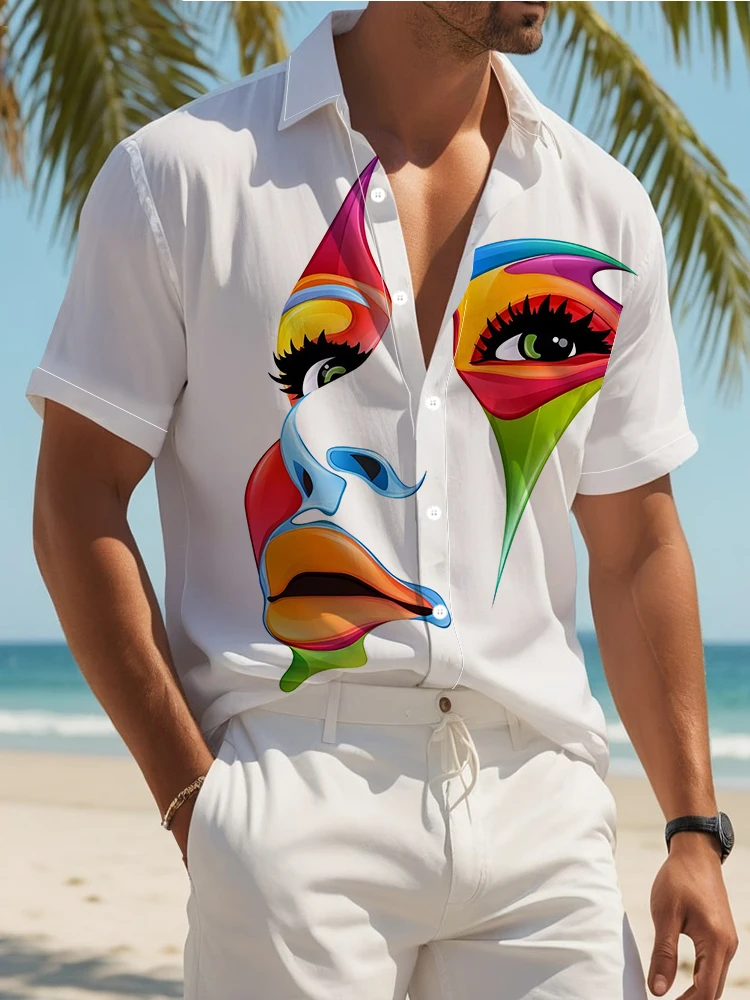 Summer Fashion Loose Oversize Shirt Simple Casual Short Sleeve Shirt Personality Creative Face 3d Digital Printing Men's Shirt