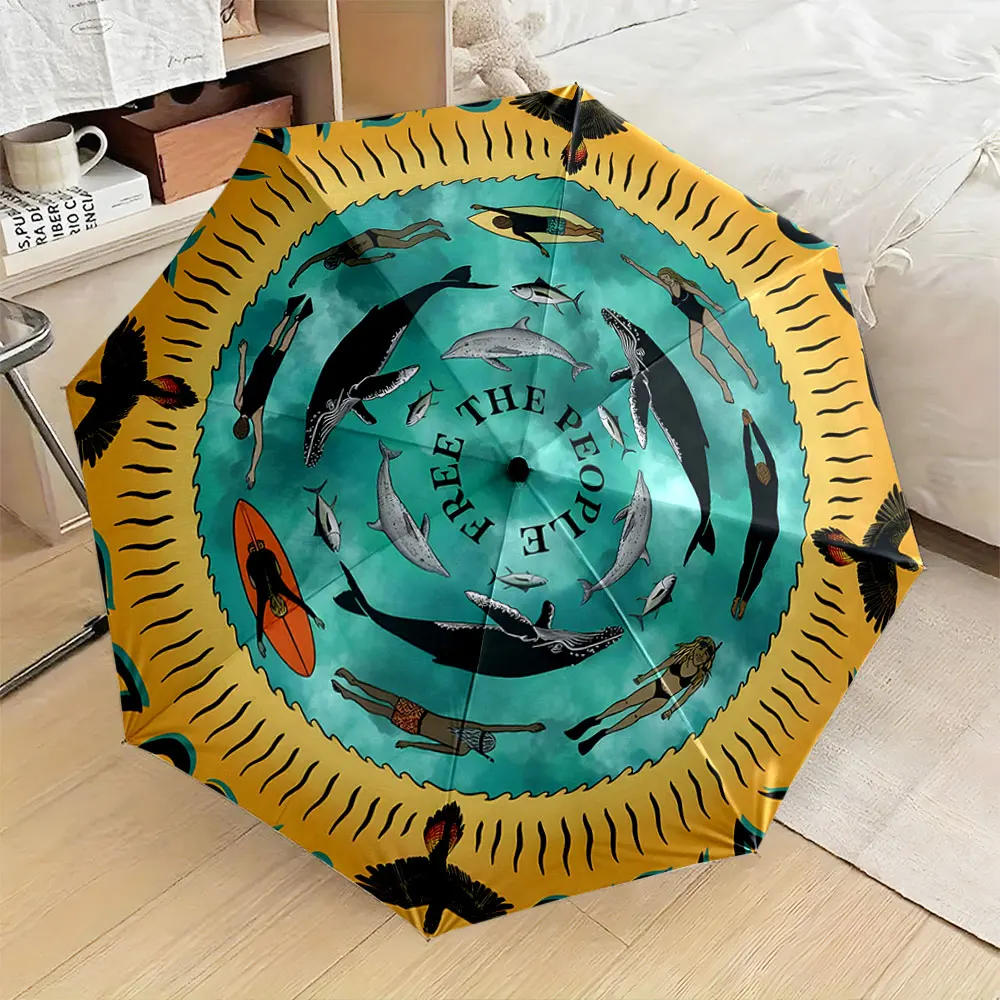 1PC Ocean-themed umbrella with aquatic and human imagery Print 8 Iron Ribs Folding Umbrella Auto-Open Fashion Sunshade