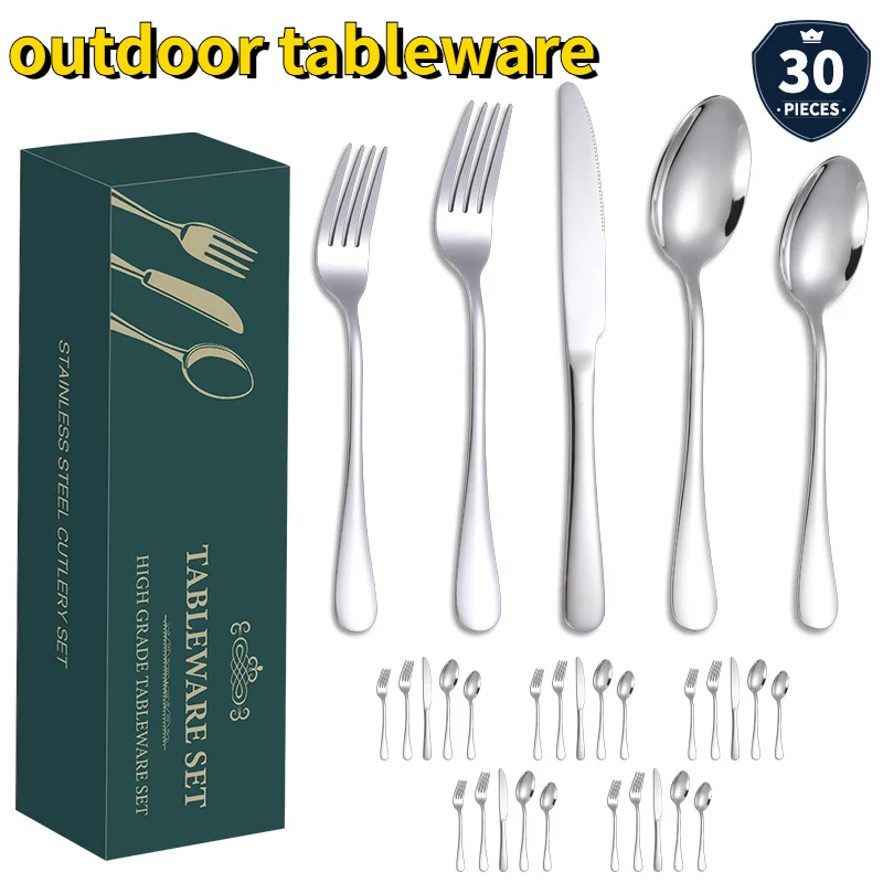 

Explosive 1010 Stainless Steel Tableware Set Silver 30 Pieces Knife Fork Spoon Western Food Set Outdoor Tableware