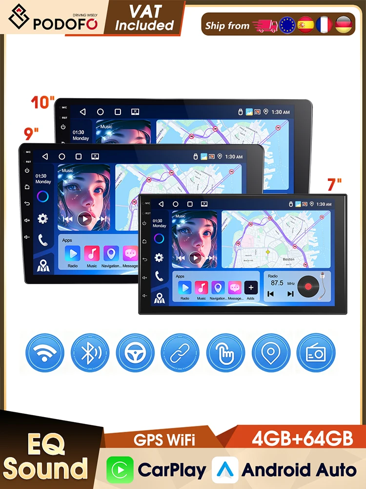 Podofo Android 7 9 10 Zoll 4+64G Autoradio IPS-Bildschirm WLAN GPS Intelligente Autosysteme FM RDS Kabelloses CarPlay Android Auto Bluetooth Autoradio