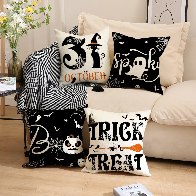 

45x45cm Set of 4 for Halloween Decor Indoor,Party Supplies Farmhouse Home Decor Throw Pillows Cover Spider Web Cat Skull Decor