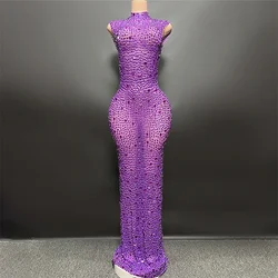 Rhinestone Purple Sexy See Through Backless Sheath Dress Evening Party Performance Bar Nightclub Singer Dancer Stage Wear