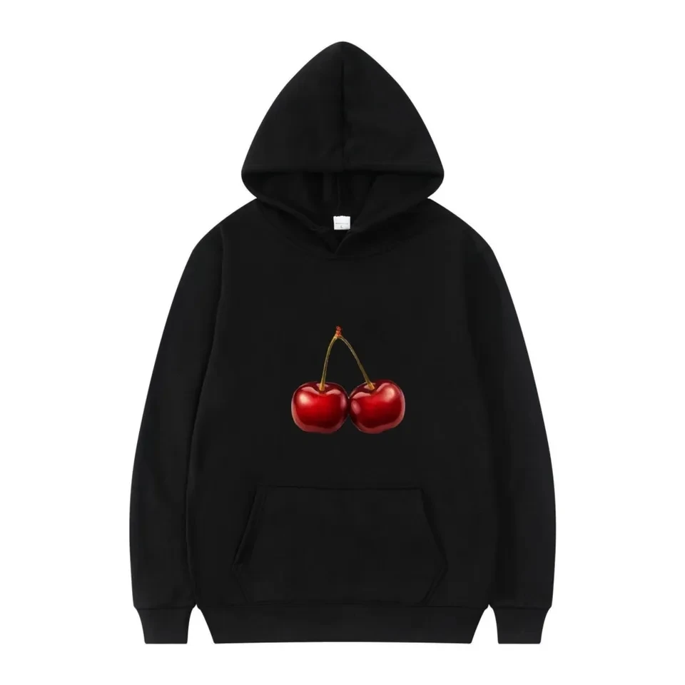 

New Autumn Winter Cherry Printed Hooded Sweatshirt Long-sleeved For Men Women Casual Loose Plush Sports Pullover Hoodie