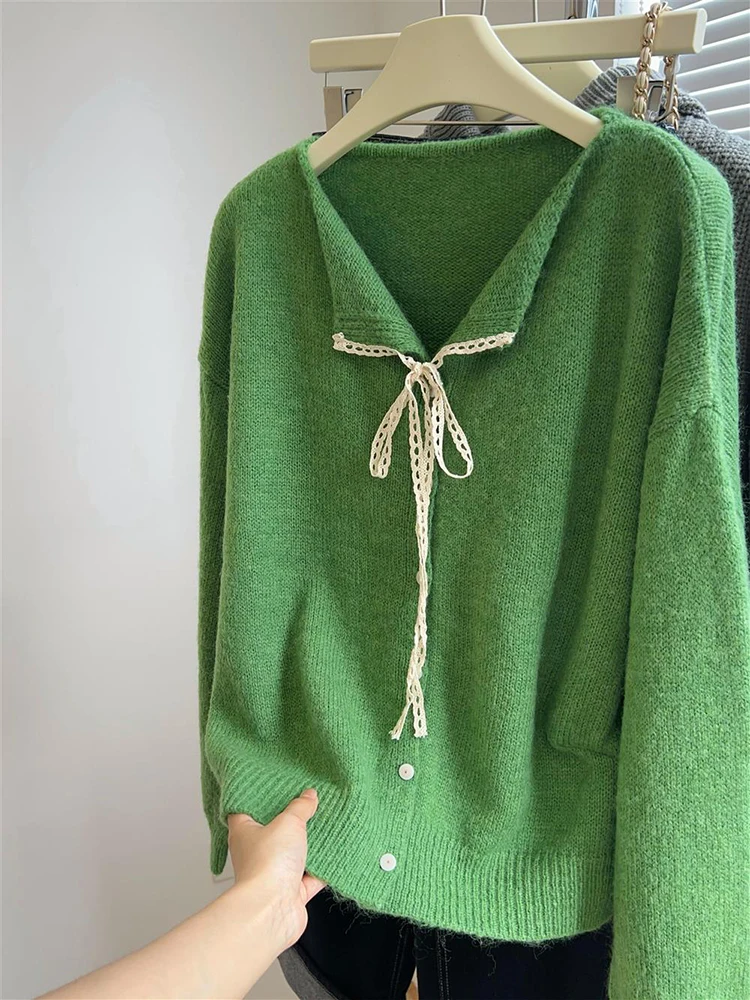

Korean Sweet Bow Lace Bandage Sweater Cardigan Women's Autumn New Loose Temperament Long Sleeve Knitted Coat Casual Tops