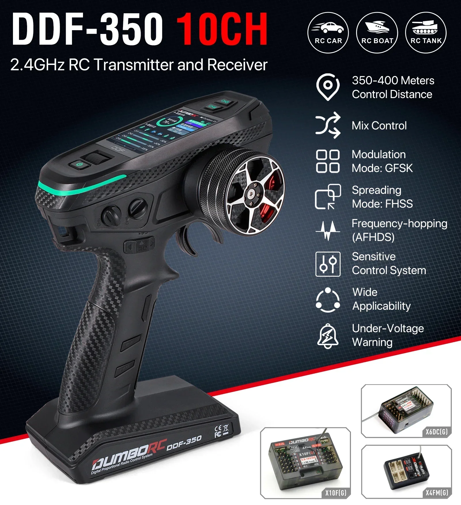 DUMBORC DDF-350 10CH RC Télécommande 10 Canal 2.4 mesurz Numérique Radio Émetteur avec Récepteur avec Écran HD